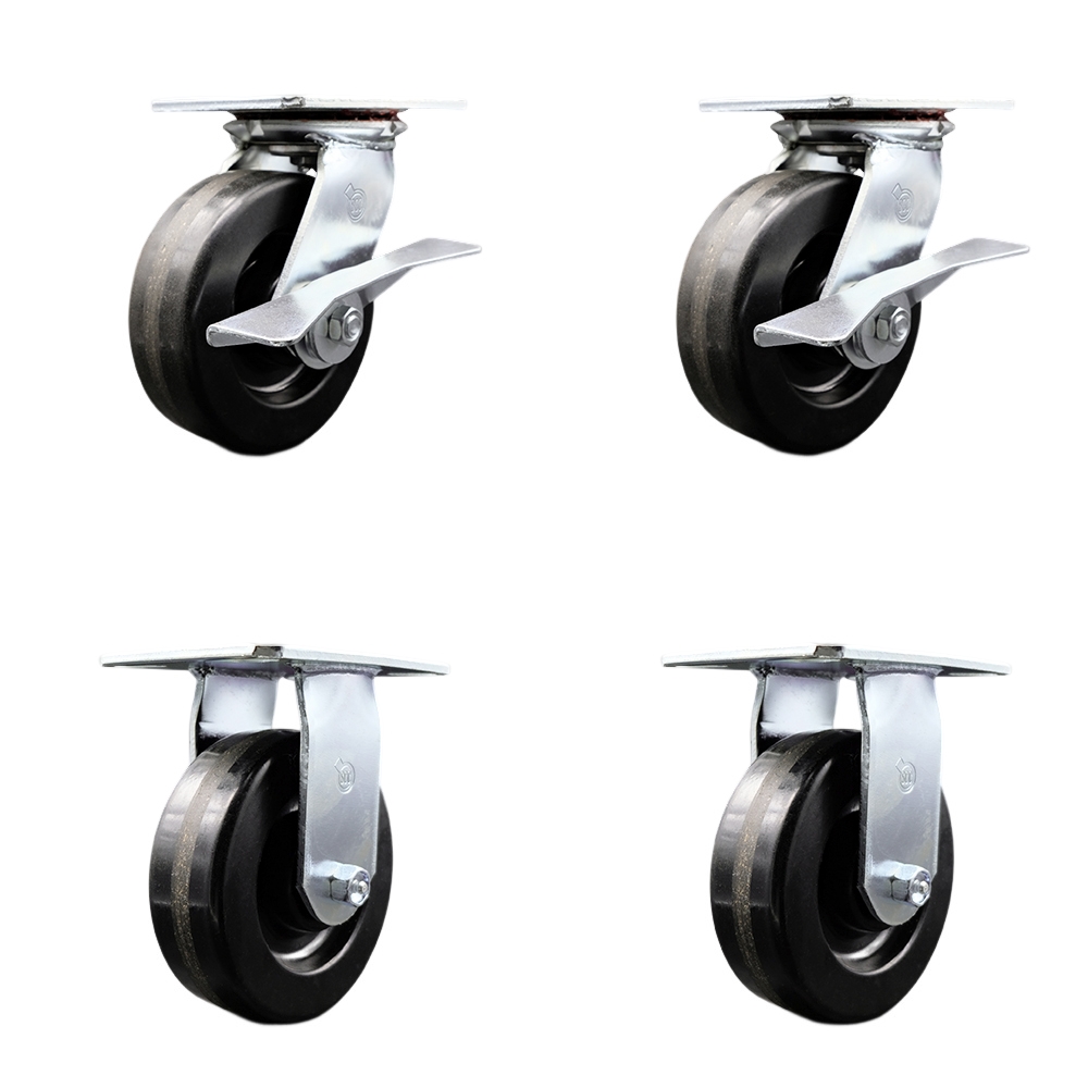 Heavy Duty Large Top Plate Phenolic Swivel Caster w/Main. Free Bearings Set of4 w/6" x 2" Black Wheels - Includes 2 Swivel with Brakes & 2 Rigid - 4800 lbs Total Capacity - Service Caster Brand — photo 1