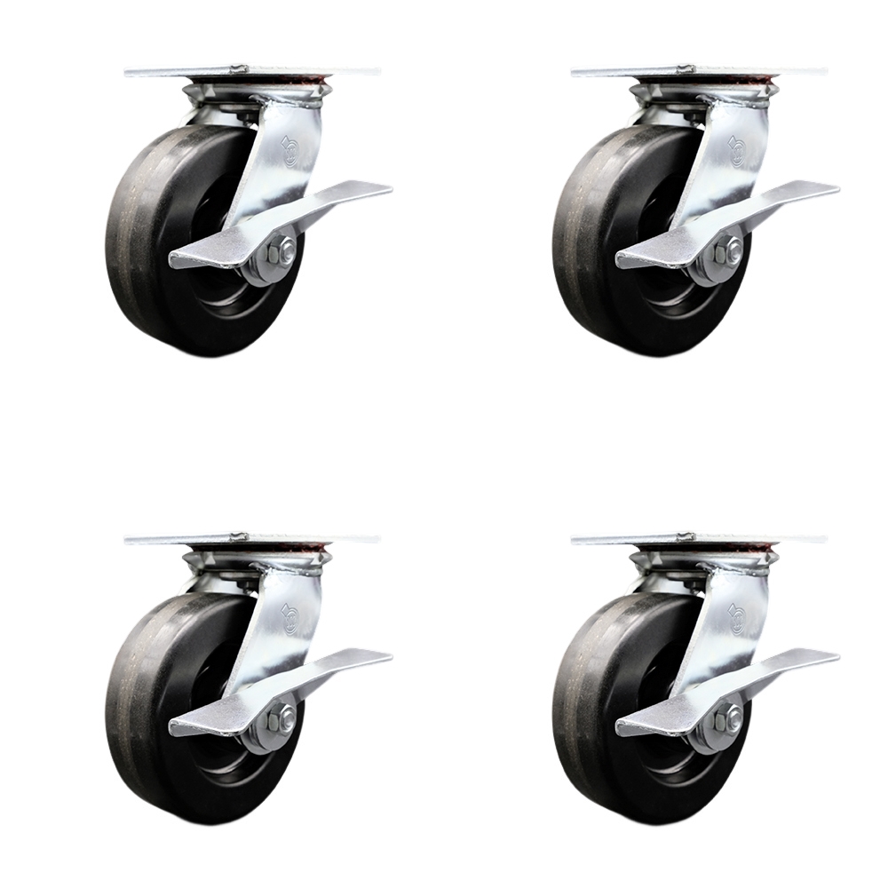 Heavy Duty Large Top Plate Phenolic Swivel Caster w/Main. Free Bearings Set of4 w/6" x 2" Black Wheels - Includes 4 Swivel w/Side Lck Brakes - 4800 lbs Total Capacity - Service Caster Brand — photo 1