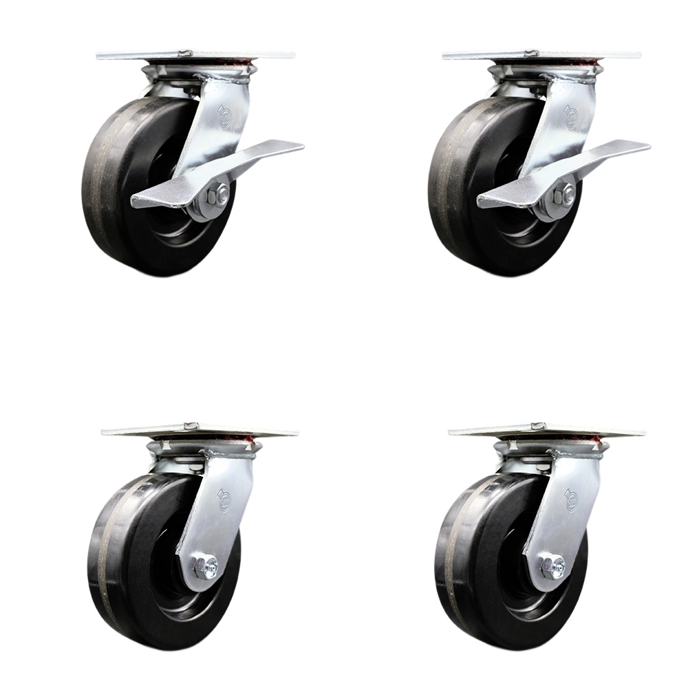 Heavy Duty Large Top Plate Phenolic Swivel Caster Set 4 w/6" x 2" Black Wheels-Includes 2 Swvl w/Brakes and Bolt on Swvl Lcks& 2 Swvl w/Bolt on Swvl Lcks-4800 lbs Total Cpty- Service Caster Brand — photo 1