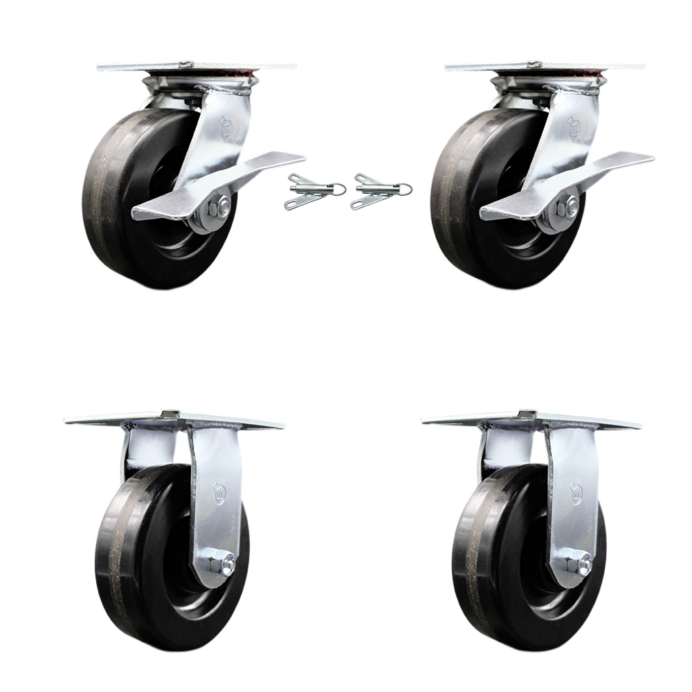 Heavy Duty Large Top Plate Phenolic Swivel Caster w/Main. Free Bearings Set of 4 w/6" x 2" Black Wheels - Includes 2 Swivel with Brakes and Bolt on Swivel Locks & 2 Rigid - Service Caster Brand — photo 1