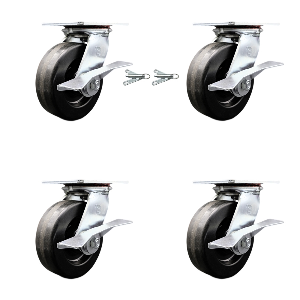 Heavy Duty Large Top Plate Phenolic Swivel Caster Set 4 w/6" x 2" Black Wheels-Includes 2 Swivel with Brakes and Bolt on Swivel Locks&2 Swivel with Brakes-4800 lbs Total Cpty-Service Caster Brand — photo 1