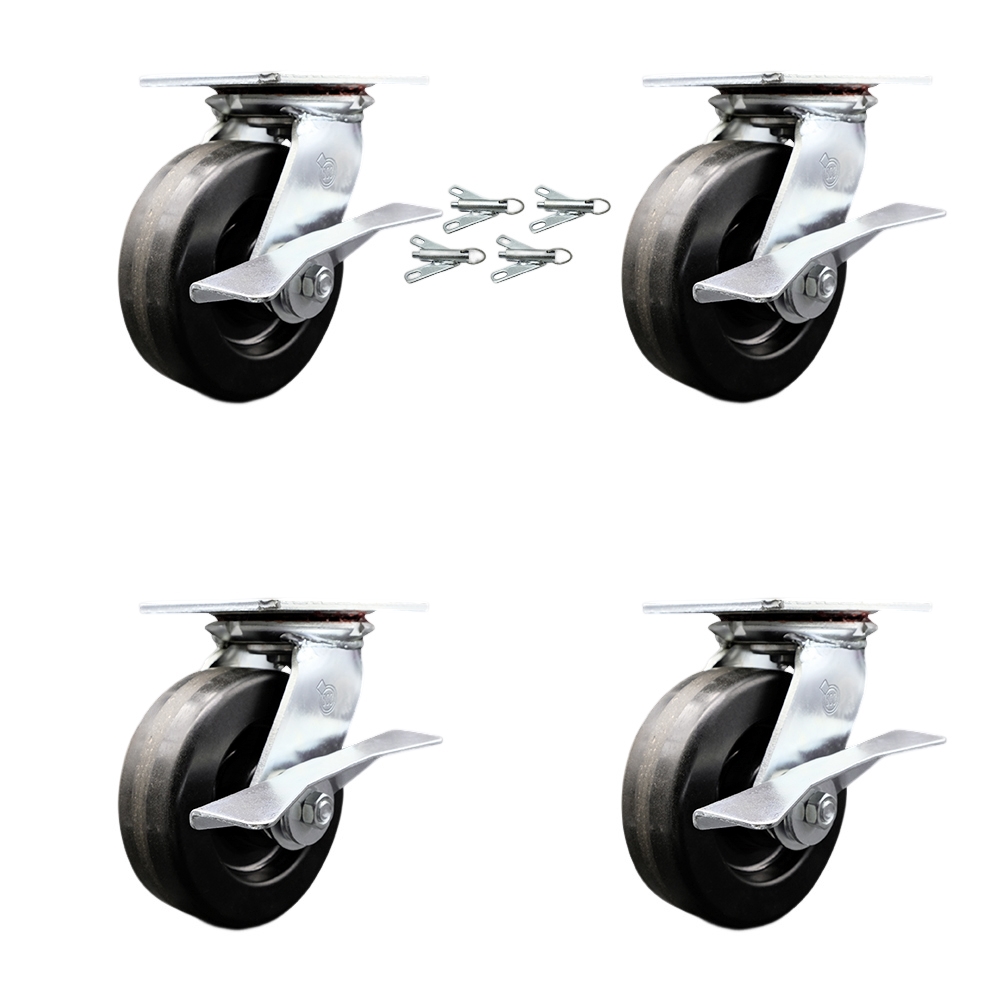 Heavy Duty Large Top Plate Phenolic Swivel Caster w/Main. Free Bearings Set of 4 w/6" x 2" Black Wheels - Includes 4 Swivel w/Side Lock Brakes & Bolt on Swivel Locks - Service Caster Brand — photo 1