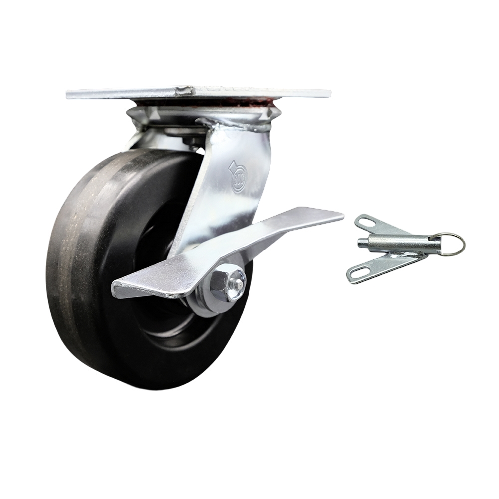 Heavy Duty Large Top Plate Phenolic Swivel Caster w/Main. Free Bearings and 6" x 2" Black Wheel & Side Lck Brake and Bolt on Swivel Lock - 1200 lbs Capacity/Caster - Service Caster Brand — photo 1