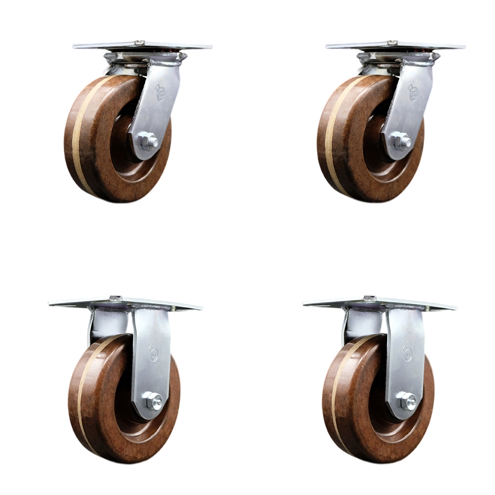Heavy Duty Large Top Plate High Temperature Phenolic Swivel Caster Set of 4 w/6" x 2" Brown Wheels - Includes 2 Swivel & 2 Rigid - 4800 lbs Total Capacity - Service Caster Brand — photo 1
