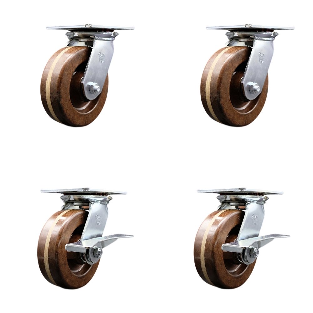 Heavy Duty Large Top Plate High Temperature Phenolic Swivel Caster Set of 4 w/6" x 2" Brown Wheels - Includes 2 Swivel with Brakes & 2 Swivel - 4800 lbs Total Capacity - Service Caster Brand — photo 1