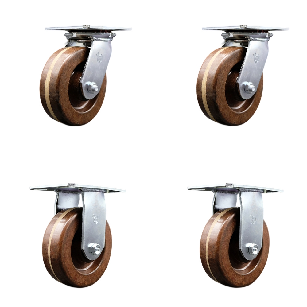 Heavy Duty Large Top Plate High Temperature Phenolic Swivel Caster Set of 4 w/6" x 2" Brown Wheels - Includes 2 Swivel with Bolt on Swivel Locks&2 Rigid - 4800lbs Total Capacity - Service Caster Brand — photo 1