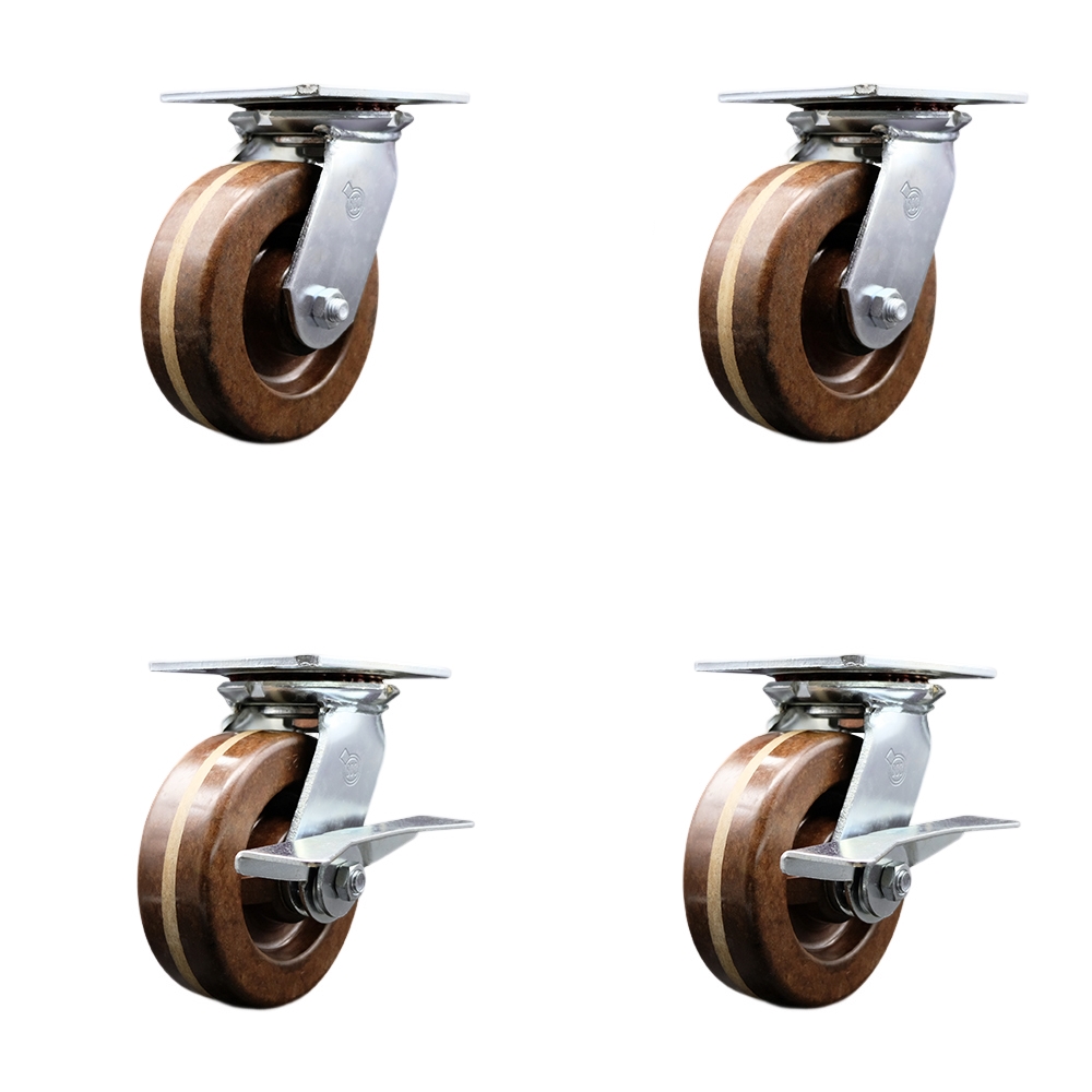 Heavy Duty Large Top Plate High Temperature Phenolic Swivel Caster Set of 4 w/6" x 2" Brown Wheels-Includes 2 Swivel with Bolt on Swvl Lcks&2 Swvl with Brakes-4800lbs Total Cpty - Service Caster Brand — photo 1
