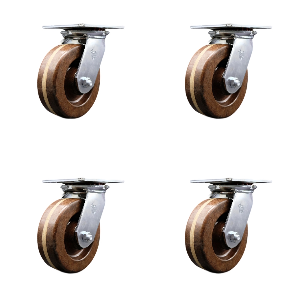 Heavy Duty Large Top Plate High Temperature Phenolic Swivel Caster Set of 4 w/6" x 2" Brown Wheels - Includes 4 Swivel w/Bolt on Swivel Locks - 4800 lbs Total Capacity - Service Caster Brand — photo 1