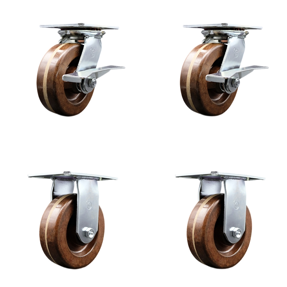 Heavy Duty Large Top Plate High Temperature Phenolic Swivel Caster Set of 4 w/6" x 2" Brown Wheels - Includes 2 Swivel with Brakes & 2 Rigid - 4800 lbs Total Capacity - Service Caster Brand — photo 1
