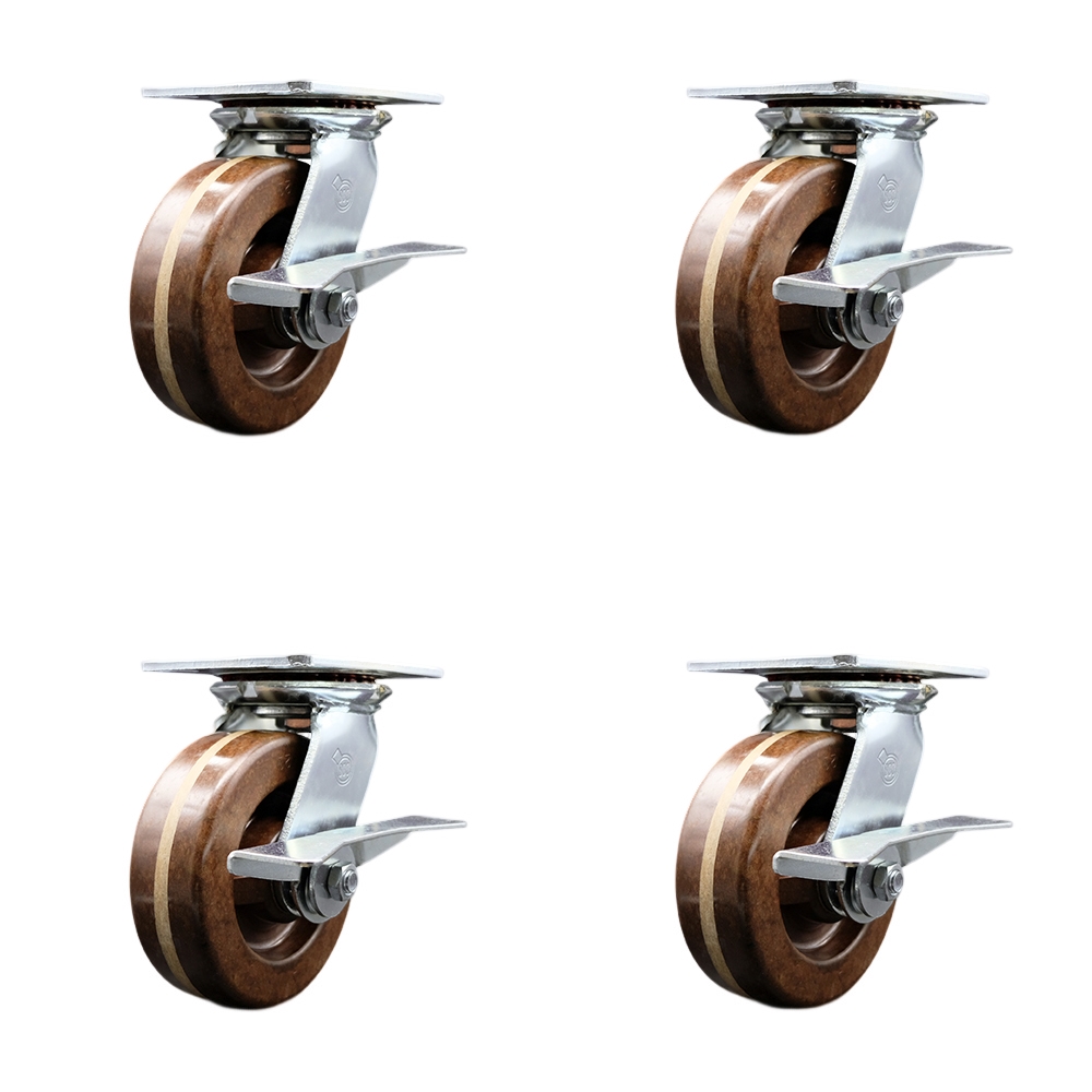 Heavy Duty Large Top Plate High Temperature Phenolic Swivel Caster Set of 4 w/6" x 2" Brown Wheels - Includes 4 Swivel w/Side Lck Brakes - 4800 lbs Total Capacity - Service Caster Brand — photo 1