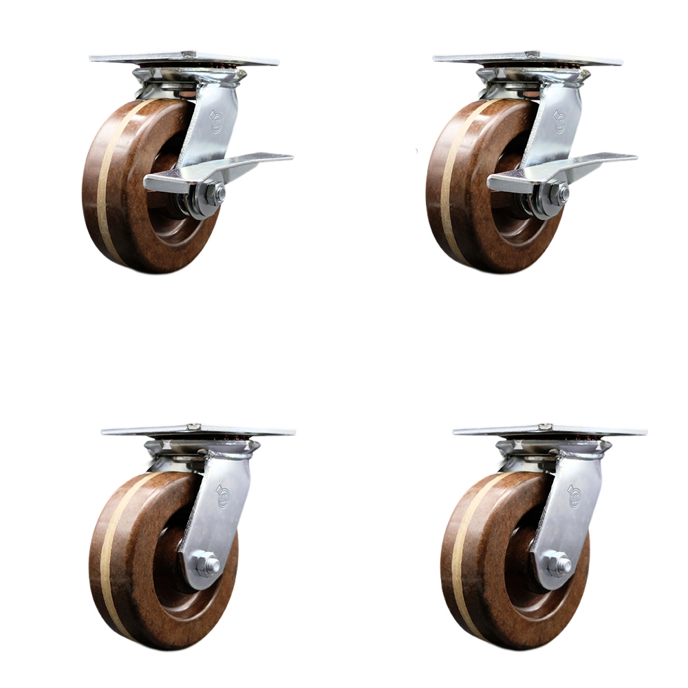 Heavy Duty Large Top Plate High Temp Phenolic Swvl Caster Set 4 w/6" x 2" Brown Wheels-Includes 2 Swvl w/BRKs and Bolt on Swvl Lcks& 2 Swvl w/Bolt on Swvl Lcks-4800lbs Total Cpty- Service Caster Brand — photo 1