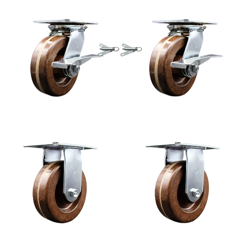 Heavy Duty Large Top Plate High Temperature Phenolic Swivel Caster Set of 4 w/6" x 2" Brown Wheels-Includes 2 Swivel with Brakes and Bolt on Swvl Lcks&2 Rigid-4800lbs Total Cpty - Service Caster Brand — photo 1