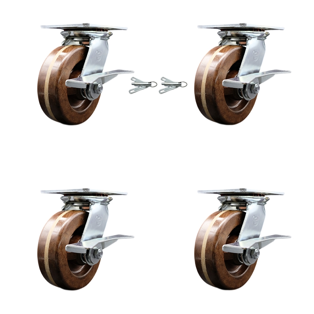 Heavy Duty Large Top Plate High Temp Phenolic Swivel Caster Set 4 w/6" x 2" Brown Wheels-Includes 2 Swivel with Brakes and Bolt on Swvl Lcks&2 Swvl with Brakes-4800 lbs Total Cpty-Service Caster Brand — photo 1