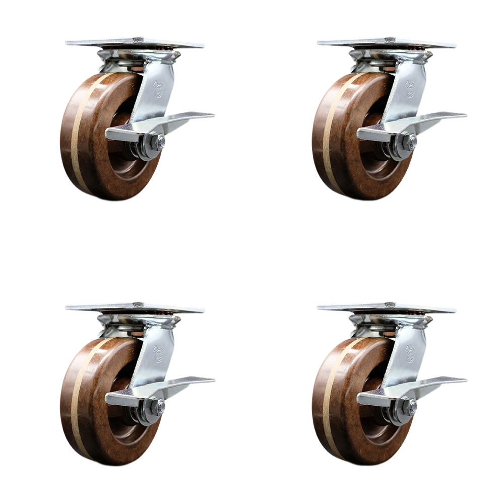Heavy Duty Large Top Plate High Temperature Phenolic Swivel Caster Set of 4 w/6" x 2" Brown Wheels - Includes 4 Swivel w/Side Lck Brakes&Bolt on Swvl Lcks-4800lbs Total Capacity - Service Caster Brand — photo 1