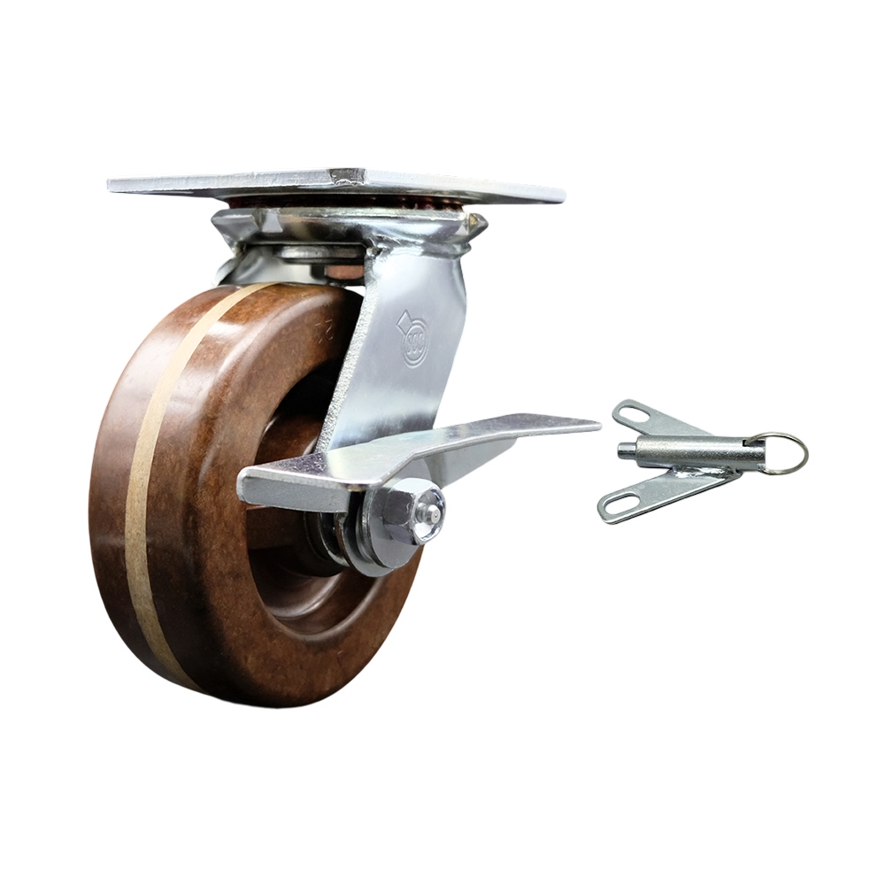 Heavy Duty Large Top Plate High Temperature Phenolic Swivel Caster w/6" x 2" Brown Wheel & Side Lck Brake and Bolt on Swivel Lock - 1200 lbs Capacity/Caster - Service Caster Brand — photo 1