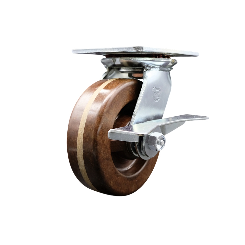 Heavy Duty Large Top Plate High Temperature Phenolic Swivel Caster w/6" x 2" Brown Wheel & Side Lck Brake - 1200 lbs Capacity/Caster - Service Caster Brand — photo 1