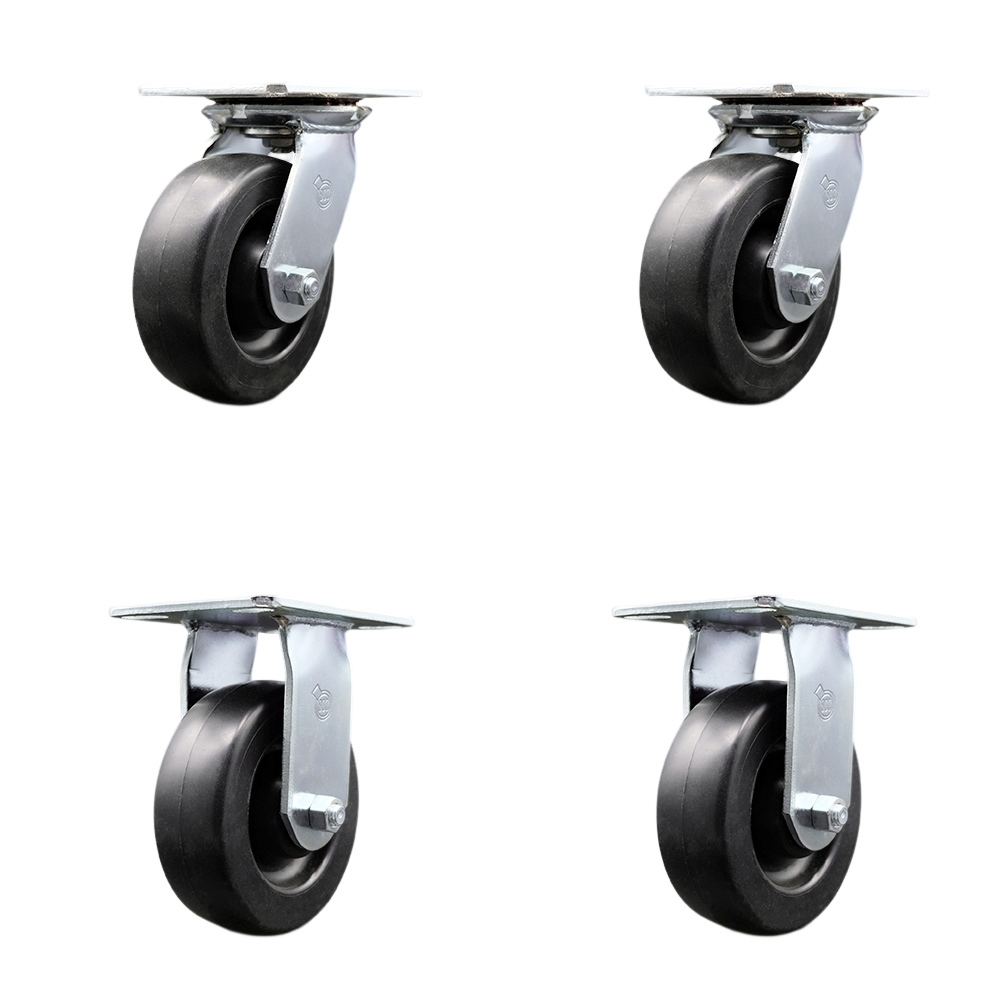Heavy Duty Large Top Plate Polyolefin Swivel Caster w/Main. Free Bearings Set of 4 w/6" x 2" Black Wheels - Includes 2 Swivel & 2 Rigid - 2800 lbs Total Capacity - Service Caster Brand — photo 1