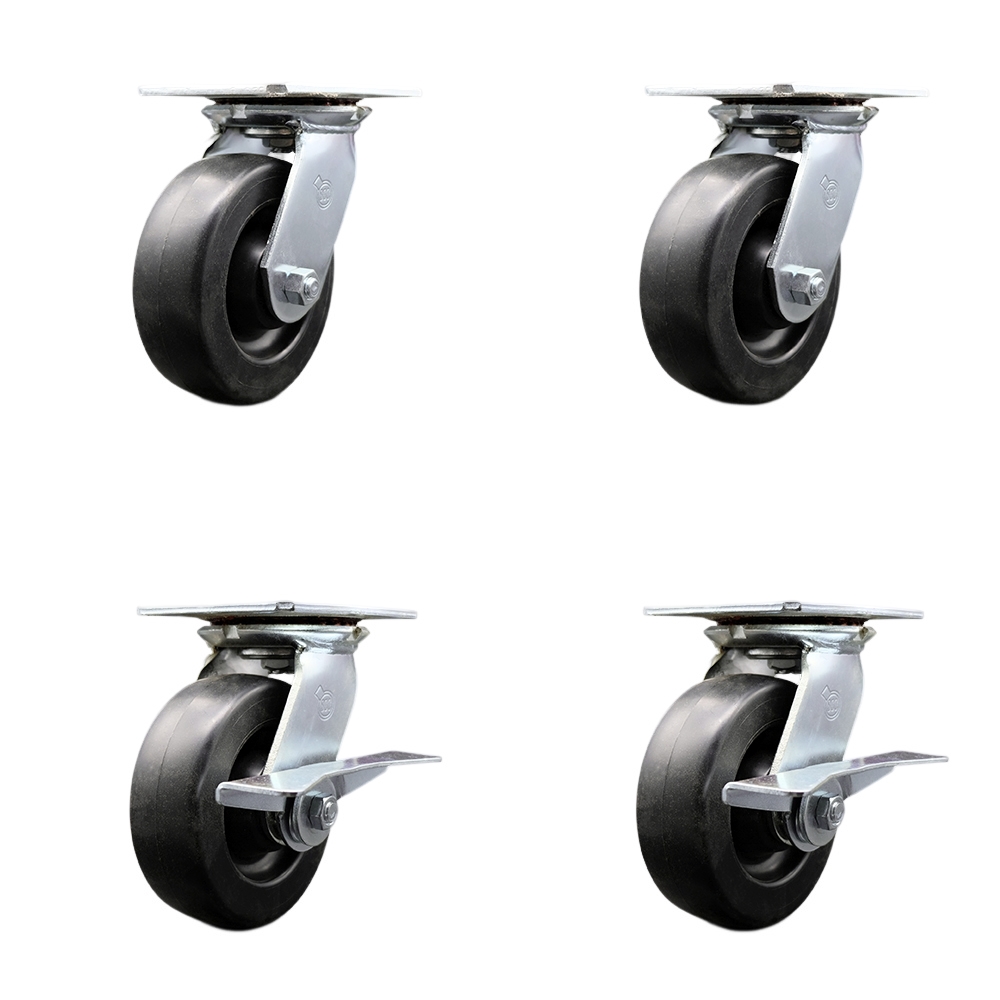 Heavy Duty Large Top Plate Polyolefin Swivel Caster Set of 4 w/6" x 2" Black Wheels - Includes 2 Swivel with Brakes & 2 Swivel - 2800 lbs Total Capacity - Service Caster Brand — photo 1