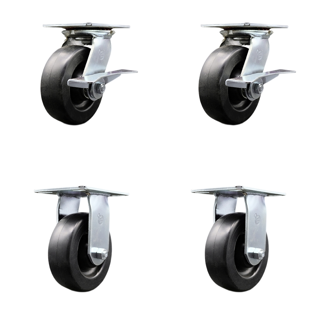 Heavy Duty Large Top Plate Polyolefin Swivel Caster w/Main. Free Bearings Set of 4 w/6" x 2" Black Wheels - Includes 2 Swivel with Brakes & 2 Rigid - 2800 lbs Total Capacity - Service Caster Brand — photo 1
