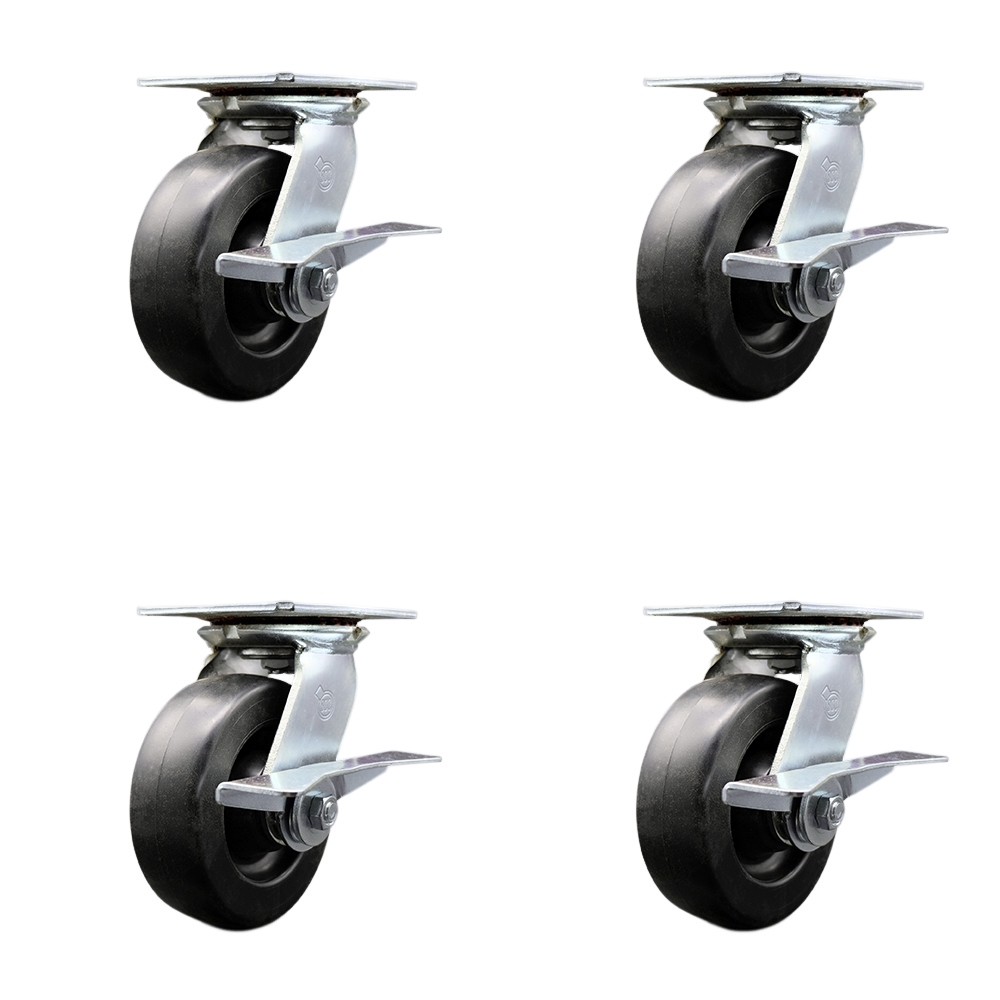 Heavy Duty Large Top Plate Polyolefin Swivel Caster w/Main. Free Bearings Set of 4 w/6" x 2" Black Wheels - Includes 4 Swivel w/Side Lck Brakes - 2800 lbs Total Capacity - Service Caster Brand — photo 1