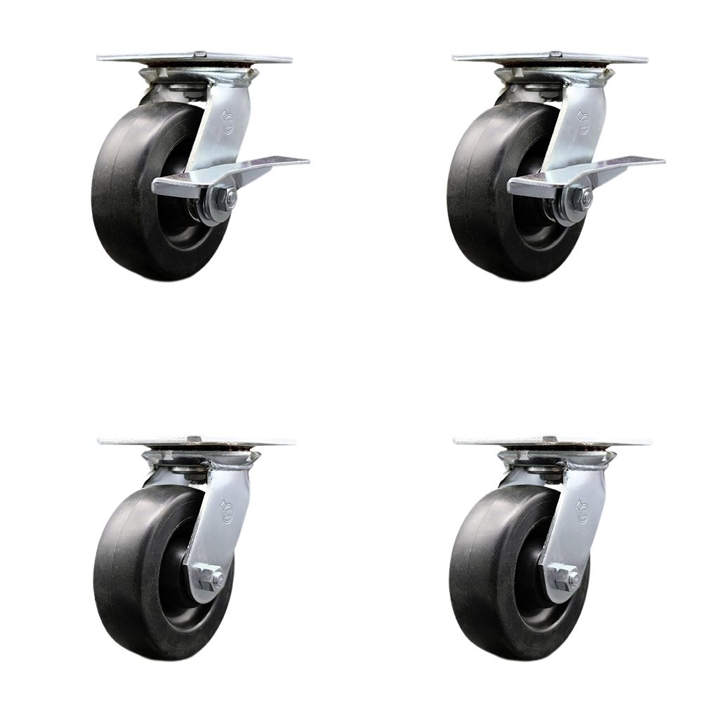 Heavy Duty Large Top Plate Polyolefin Swivel Caster Set 4 w/6" x 2" Black Wheels-Includes 2 Swvl w/Brakes and Bolt on Swvl Lcks& 2 Swvl w/Bolt on Swvl Lcks-2800 lbs Total Cpty- Service Caster Brand — photo 1