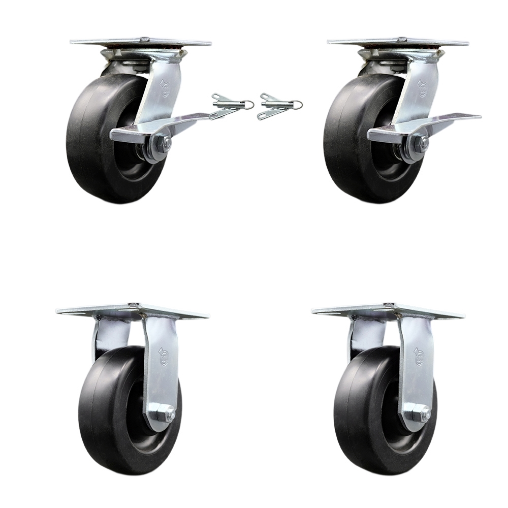 Heavy Duty Large Top Plate Polyolefin Swivel Caster w/Main. Free Bearings Set of 4 w/6" x 2" Black Wheels - Includes 2 Swivel with Brakes and Bolt on Swivel Locks & 2 Rigid - Service Caster Brand — photo 1
