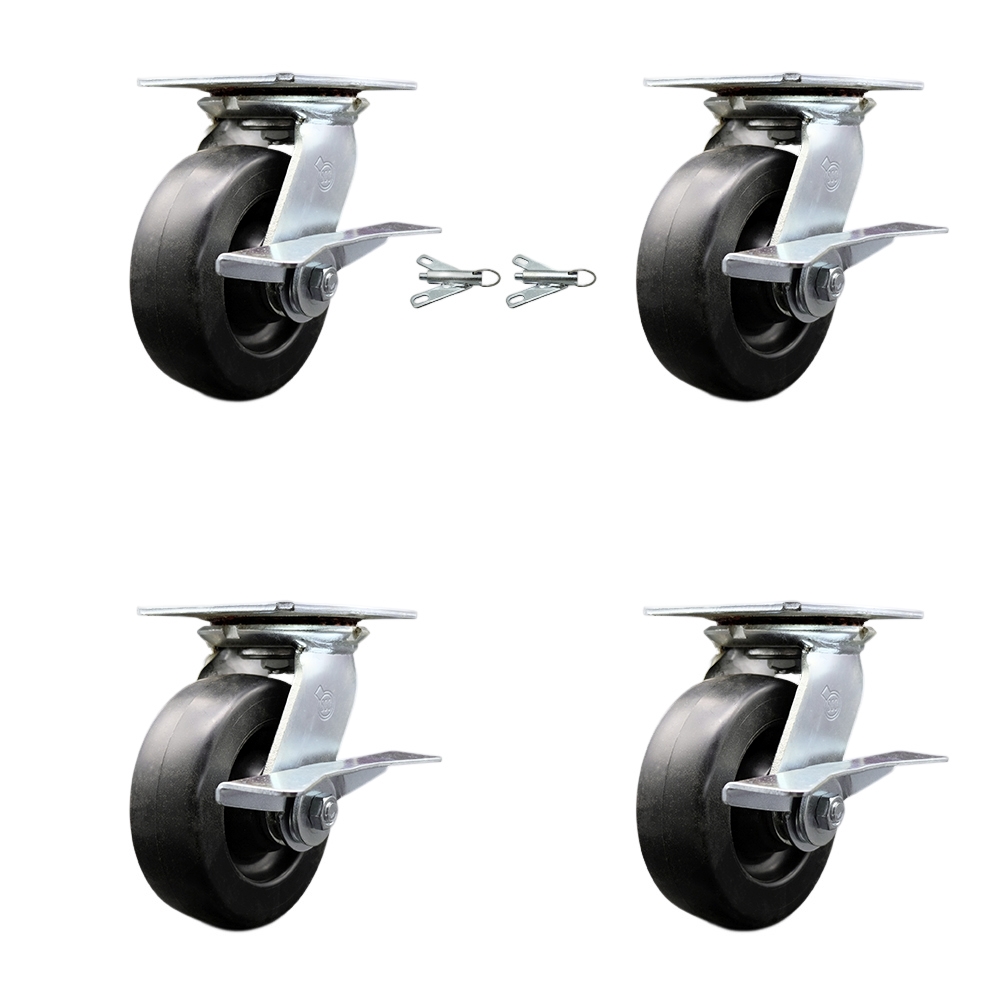Heavy Duty Large Top Plate Polyolefin Swivel Caster w/Main. Free Bearings Set 4 w/6" x 2" Black Wheels-Includes 2 Swivel with Brakes and Bolt on Swivel Locks&2 Swivel with Brakes- Service Caster Brand — photo 1