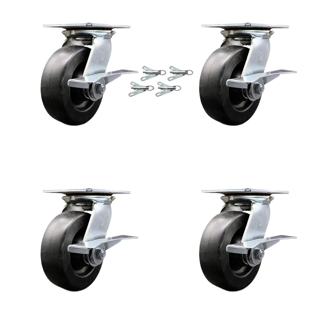 Heavy Duty Large Top Plate Polyolefin Swivel Caster w/Main. Free Bearings Set of 4 w/6" x 2" Black Wheels - Includes 4 Swivel w/Side Lck Brakes & Bolt on Swivel Locks - Service Caster Brand — photo 1