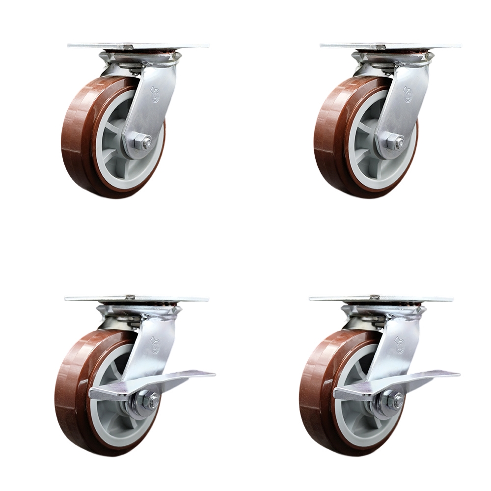 Heavy Duty Large Top Plate Polyurethane on Polyolefin Swivel Caster w/Main. Free Bearings Set of 4 w/6" x 2" Maroon Wheels-Includes 2 Swvl with Brakes&2 Swvl-3600 lbs Total Cpty - Service Caster Brand — photo 1