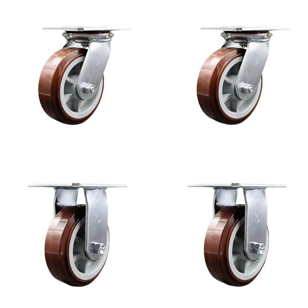 Heavy Duty Large Top Plate Polyurethane on Polyolefin Swivel Caster Set of 4 w/6" x 2" Maroon Wheels - Includes 2 Swivel with Bolt on Swivel Locks & 2 Rigid - 3600lbs Total Cpty - Service Caster Brand — photo 1