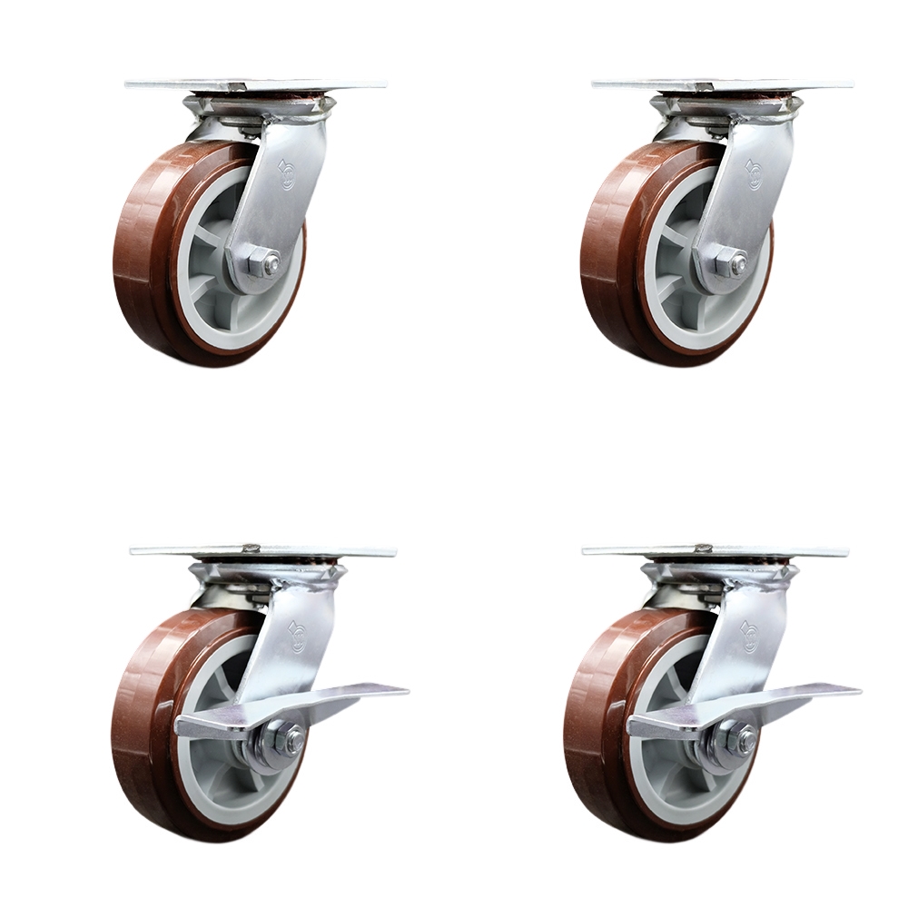 Heavy Duty Large Top Plate Polyurethane on Polyolefin Swivel Caster Set of 4 w/6" x 2" Maroon Wheels-Includes 2 Swivel with Bolt on Swvl Lcks&2 Swvl with Brakes-3600lbs Total Cpty-Service Caster Brand — photo 1