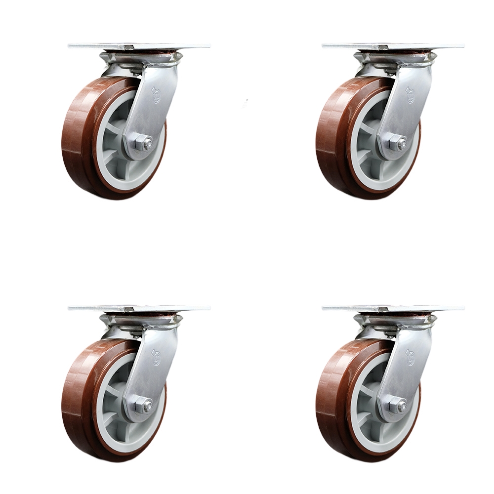 Heavy Duty Large Top Plate Polyurethane on Polyolefin Swivel Caster w/Main. Free Bearings Set of 4 w/6" x 2" Maroon Wheels-Includes 4 Swvl w/Bolt on Swvl Lcks-3600lbs Total Cpty - Service Caster Brand — photo 1