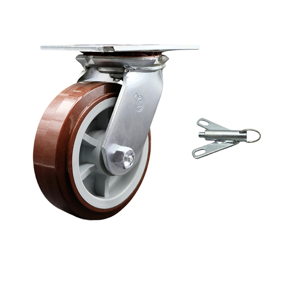 Heavy Duty Large Top Plate Polyurethane on Polyolefin Swivel Caster w/Main. Free Bearings and 6" x 2" Maroon Wheel & Bolt on Swivel Lock - 900 lbs Capacity/Caster - Service Caster Brand — photo 1