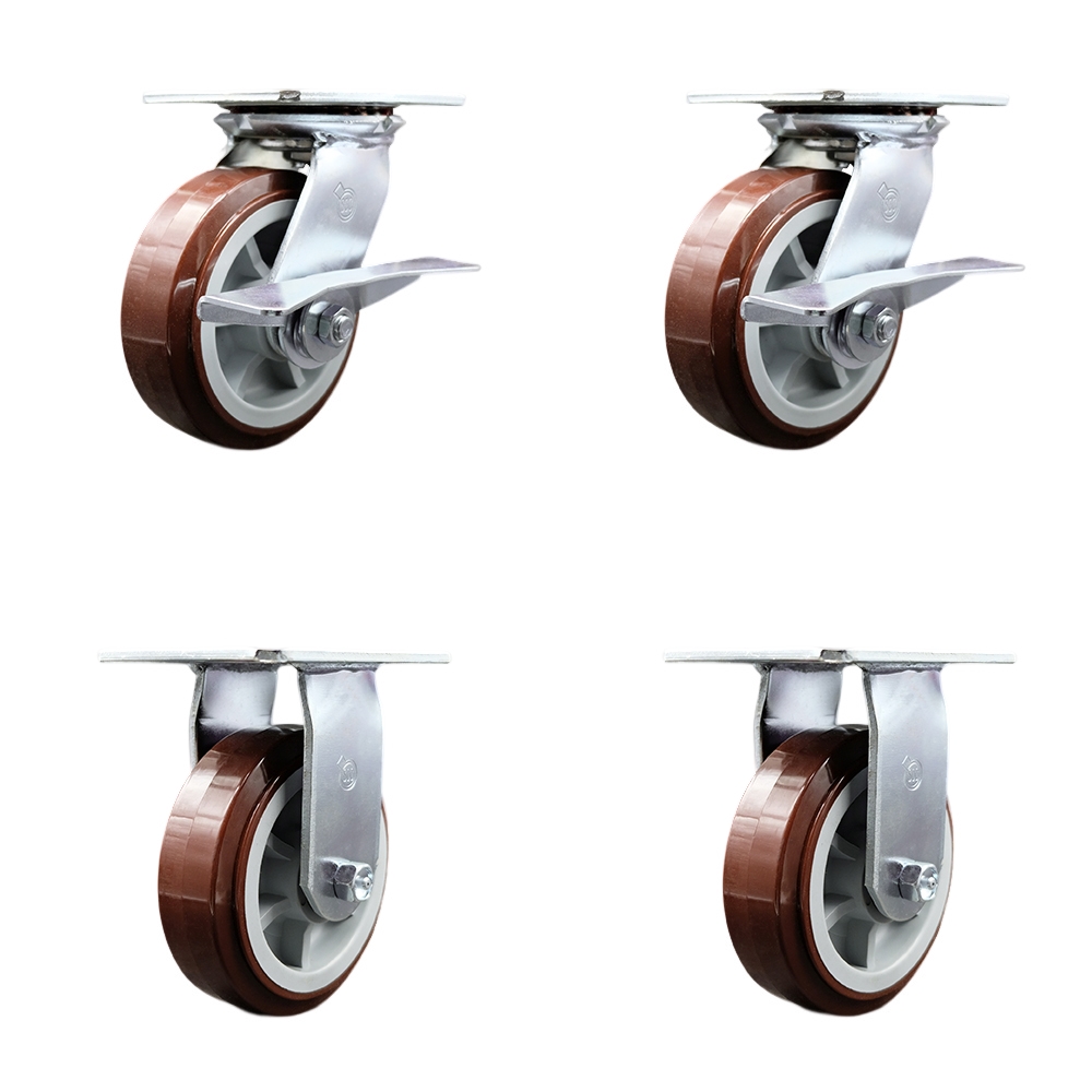 Heavy Duty Large Top Plate Polyurethane on Polyolefin Swivel Caster Set of 4 w/6" x 2" Maroon Wheels - Includes 2 Swivel with Brakes & 2 Rigid - 3600 lbs Total Capacity - Service Caster Brand — photo 1