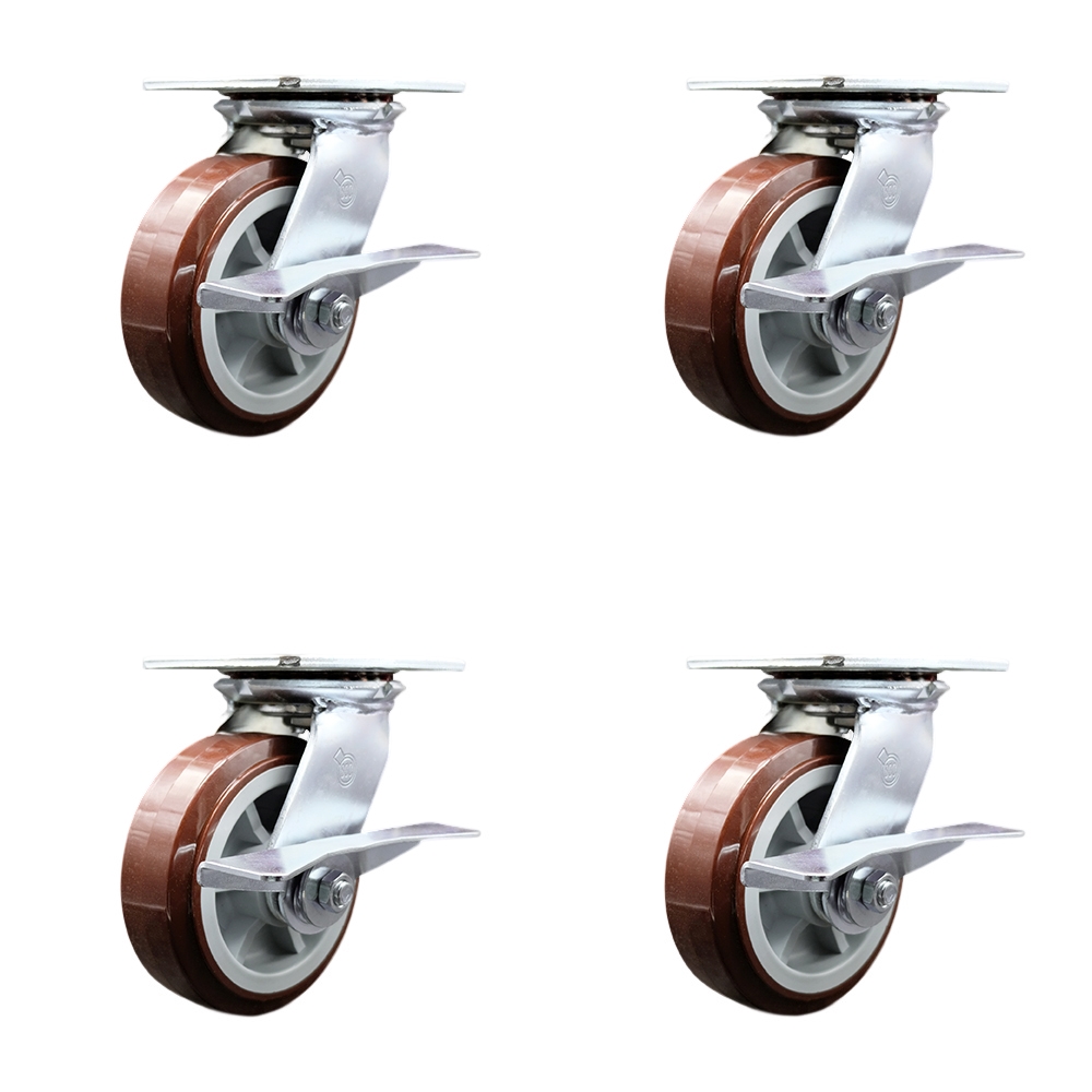 Heavy Duty Large Top Plate Polyurethane on Polyolefin Swivel Caster w/Main. Free Bearings Set of 4 w/6" x 2" Maroon Wheels-Includes 4 Swivel w/Side Lck Brakes-3600lbs Total Cpty - Service Caster Brand — photo 1