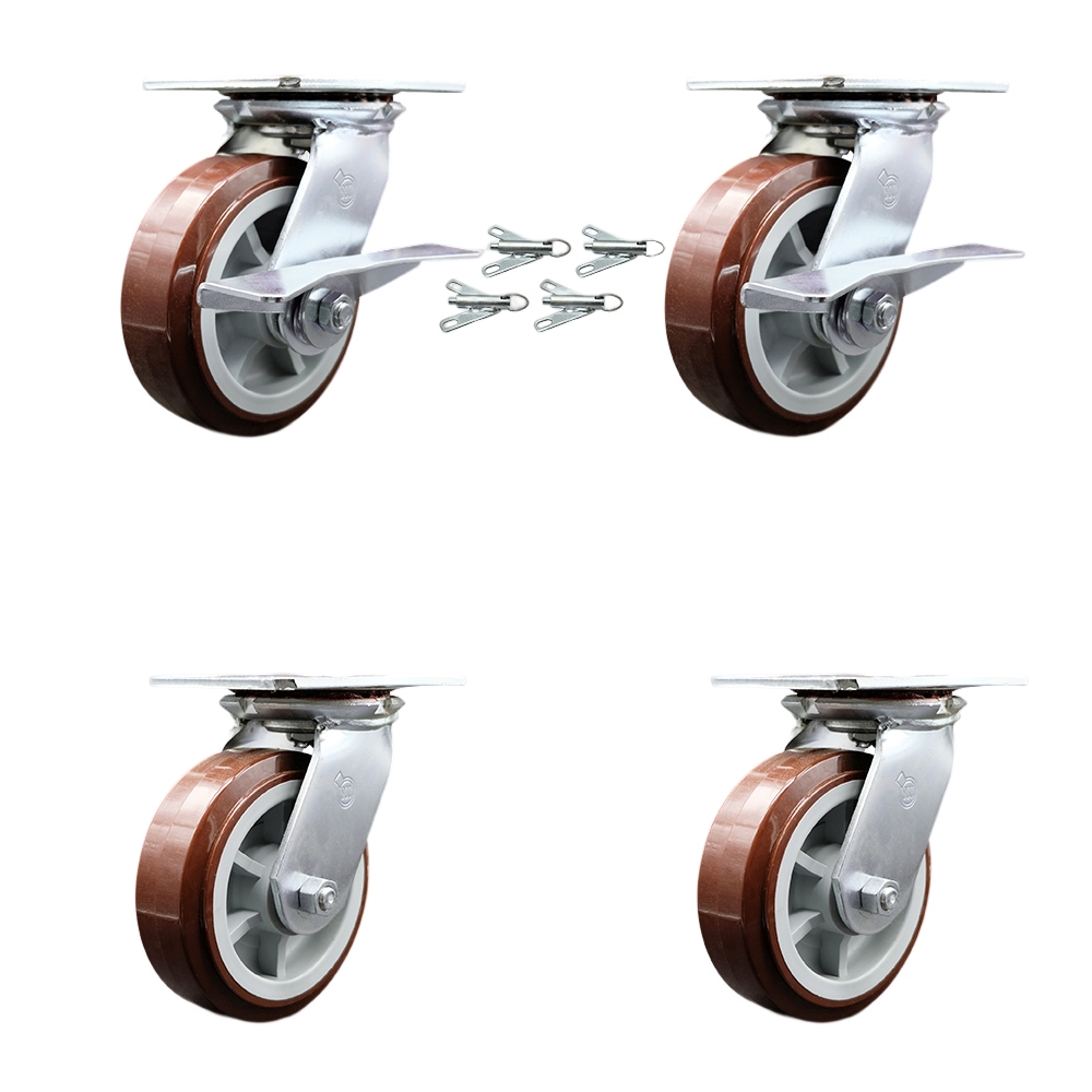 Heavy Duty Large Top Plate Poly on Polyolefin Swivel Caster Set 4 w/6" x 2" Maroon Wheels-Includes 2 Swvl w/BRKs and Bolt on Swvl Lck&2 Swvl w/Bolt on Swvl Lcks-3600lbs Total Cpty-Service Caster Brand — photo 1