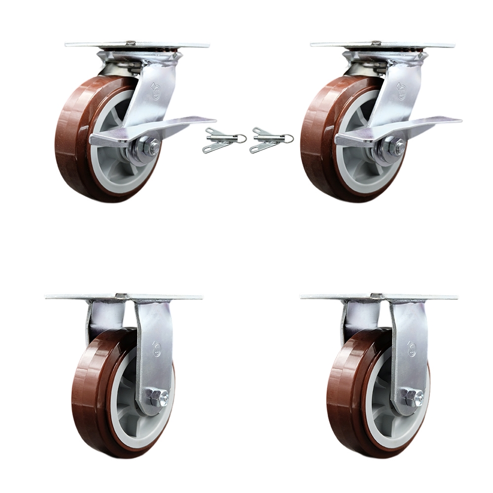 Heavy Duty Large Top Plate Polyurethane on Polyolefin Swivel Caster w/Main. Free Bearings Set of 4 w/6" x 2" Maroon Wheels-Includes 2 Swvl with Brakes and Bolt on Swvl Lck&2 Rigid-Service Caster Brand — photo 1