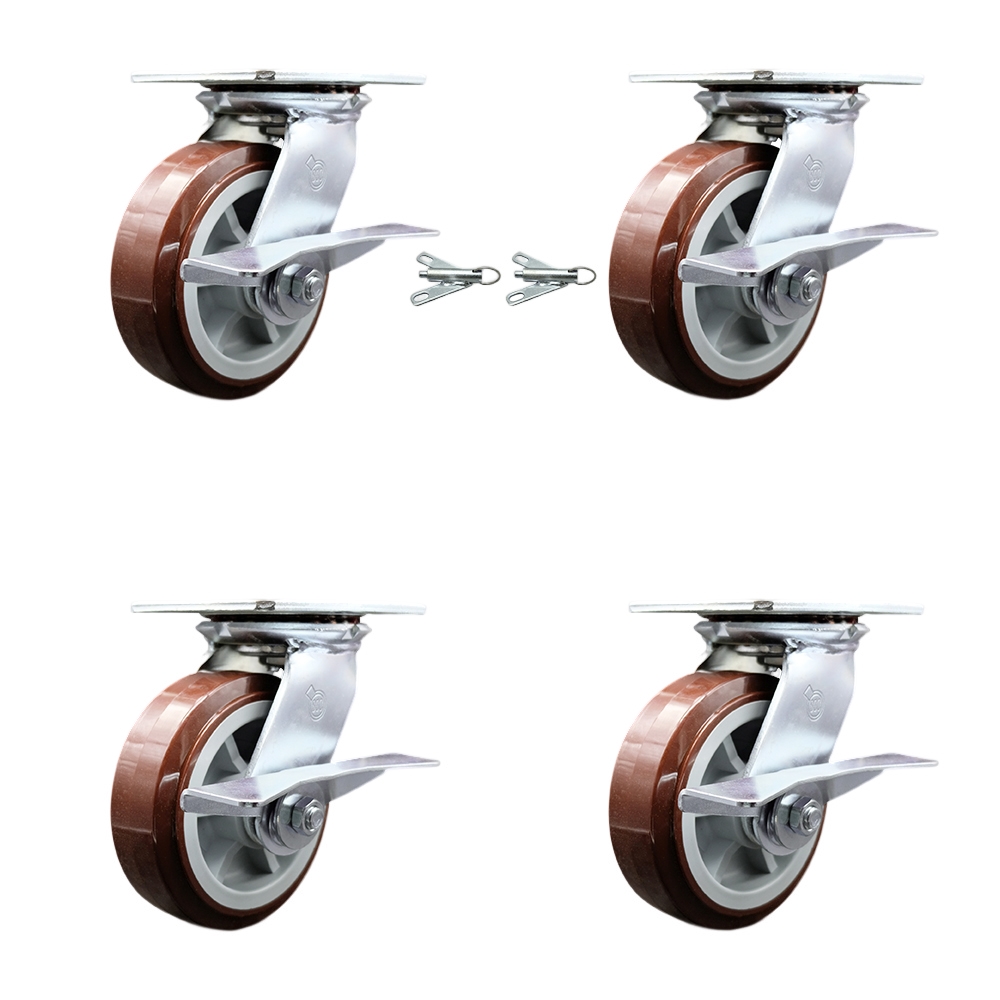 Heavy Duty Large Top Plate Poly on Polyolefin Swivel Caster Set 4 w/6" x 2" Maroon Wheels-Includes 2 Swivel w/Brakes and Bolt on Swvl Lcks&2 Swvl with Brakes-3600 lbs Total Cpty - Service Caster Brand — photo 1