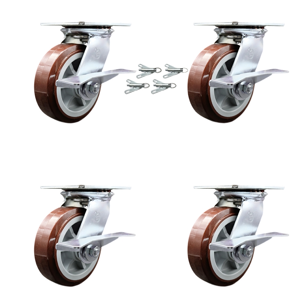 Heavy Duty Large Top Plate Polyurethane on Polyolefin Swivel Caster w/Main. Free Bearings Set of 4 w/6" x 2" Maroon Wheels-Includes 4 Swivel w/Side Lck Brakes&Bolt on Swivel Locks-Service Caster Brand — photo 1