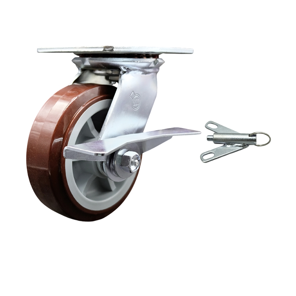 Heavy Duty Large Top Plate Polyurethane on Polyolefin Swivel Caster w/Main. Free Bearings and 6" x 2" Maroon Wheel&Side Lck Brake and Bolt on Swivel Lock-900 lbs Capacity/Caster - Service Caster Brand — photo 1