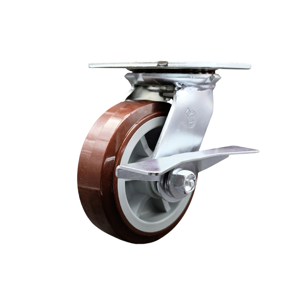 Heavy Duty Large Top Plate Polyurethane on Polyolefin Swivel Caster w/6" x 2" Maroon Wheel & Side Lck Brake - 900 lbs Capacity/Caster - Service Caster Brand — photo 1