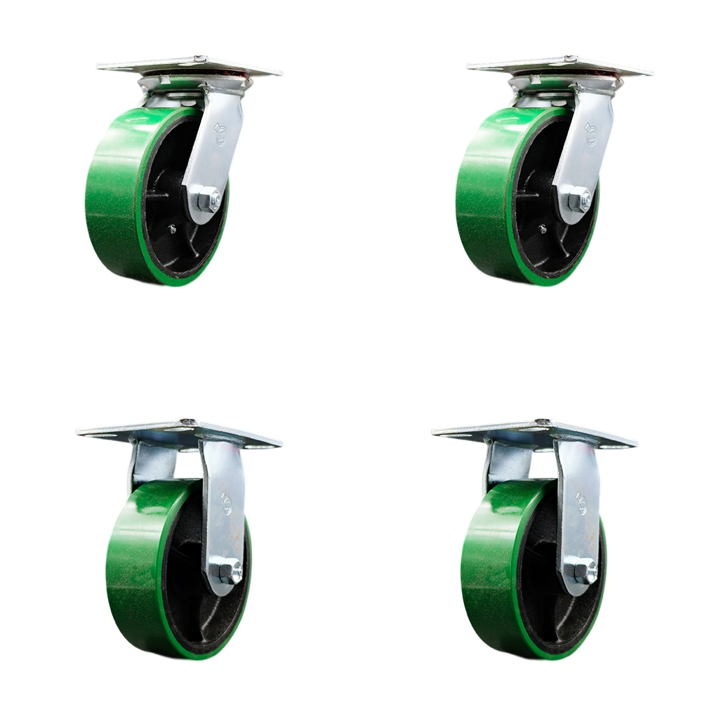 Heavy Duty Large Top Plate Polyurethane on Cast Iron Swivel Caster Set of 4 w/6" x 2" Green Wheels - Includes 2 Swivel & 2 Rigid - 4800 lbs Total Capacity - Service Caster Brand — photo 1