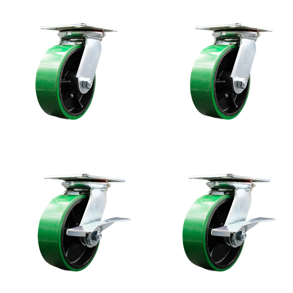 Heavy Duty Large Top Plate Polyurethane on Cast Iron Swivel Caster w/Main. Free Bearings Set of 4 w/6" x 2" Green Wheels - Includes 2 Swivel with Brakes & 2 Swivel - Service Caster Brand — photo 1