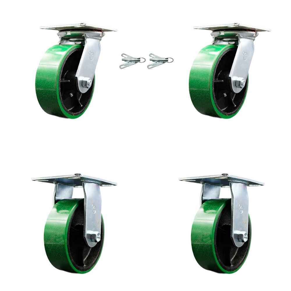 Heavy Duty Large Top Plate Polyurethane on Cast Iron Swivel Caster Set of 4 w/6" x 2" Green Wheels - Includes 2 Swivel with Bolt on Swivel Locks&2 Rigid - 4800lbs Total Capacity - Service Caster Brand — photo 1