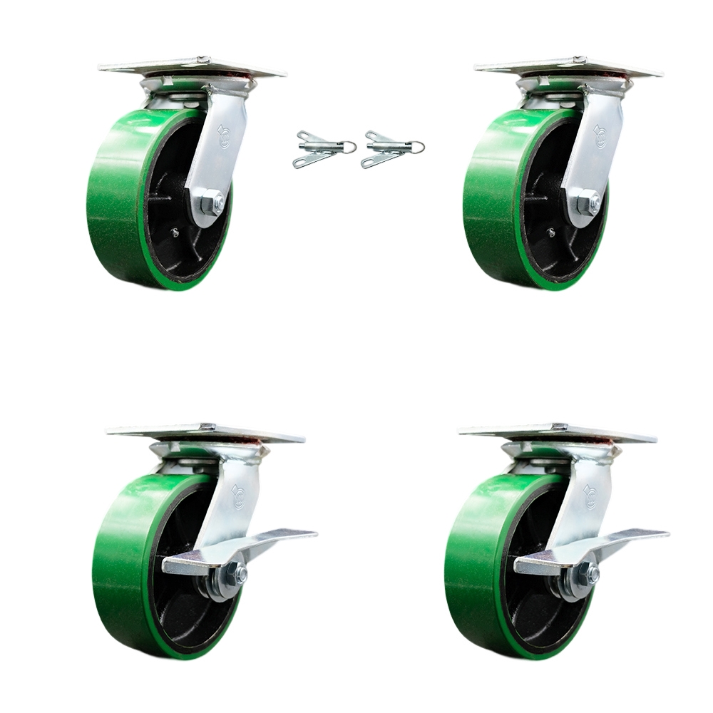 Heavy Duty Large Top Plate Polyurethane on Cast Iron Swivel Caster w/Main. Free Bearings Set of 4 w/6" x 2" Green Wheels-Includes 2 Swvl with Bolt on Swvl Lcks&2 Swvl with Brakes- Service Caster Brand — photo 1