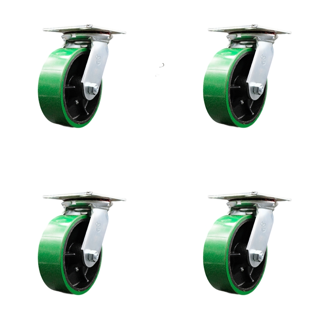 Heavy Duty Large Top Plate Polyurethane on Cast Iron Swivel Caster w/Main. Free Bearings Set of 4 w/6" x 2" Green Wheels-Includes 4 Swivel w/Bolt on Swivel Lcks-4800lbs Total Cpty-Service Caster Brand — photo 1