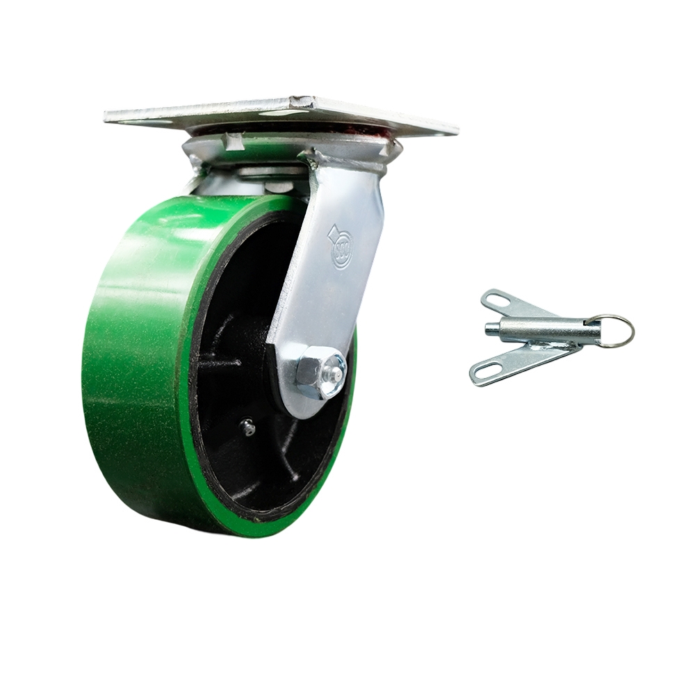 Heavy Duty Large Top Plate Polyurethane on Cast Iron Swivel Caster w/Main. Free Bearings and 6" x 2" Green Wheel & Bolt on Swivel Lock - 1200 lbs Capacity/Caster - Service Caster Brand — photo 1