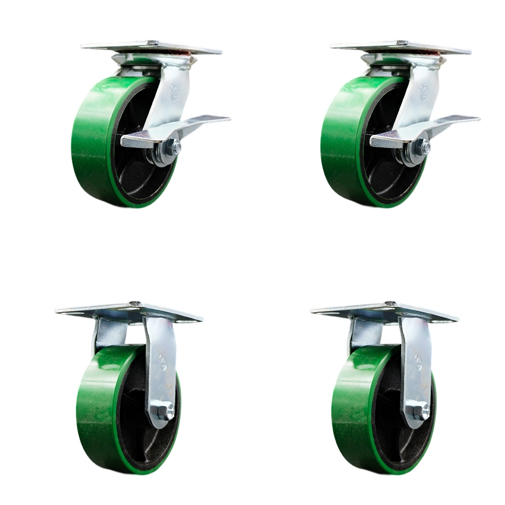Heavy Duty Large Top Plate Polyurethane on Cast Iron Swivel Caster Set of 4 w/6" x 2" Green Wheels - Includes 2 Swivel with Brakes & 2 Rigid - 4800 lbs Total Capacity - Service Caster Brand — photo 1