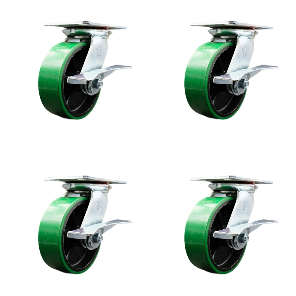 Heavy Duty Large Top Plate Polyurethane on Cast Iron Swivel Caster w/Main. Free Bearings Set of 4 w/6" x 2" Green Wheels - Includes 4 Swivel w/Side Lck Brakes-4800lbs Total Cpty - Service Caster Brand — photo 1