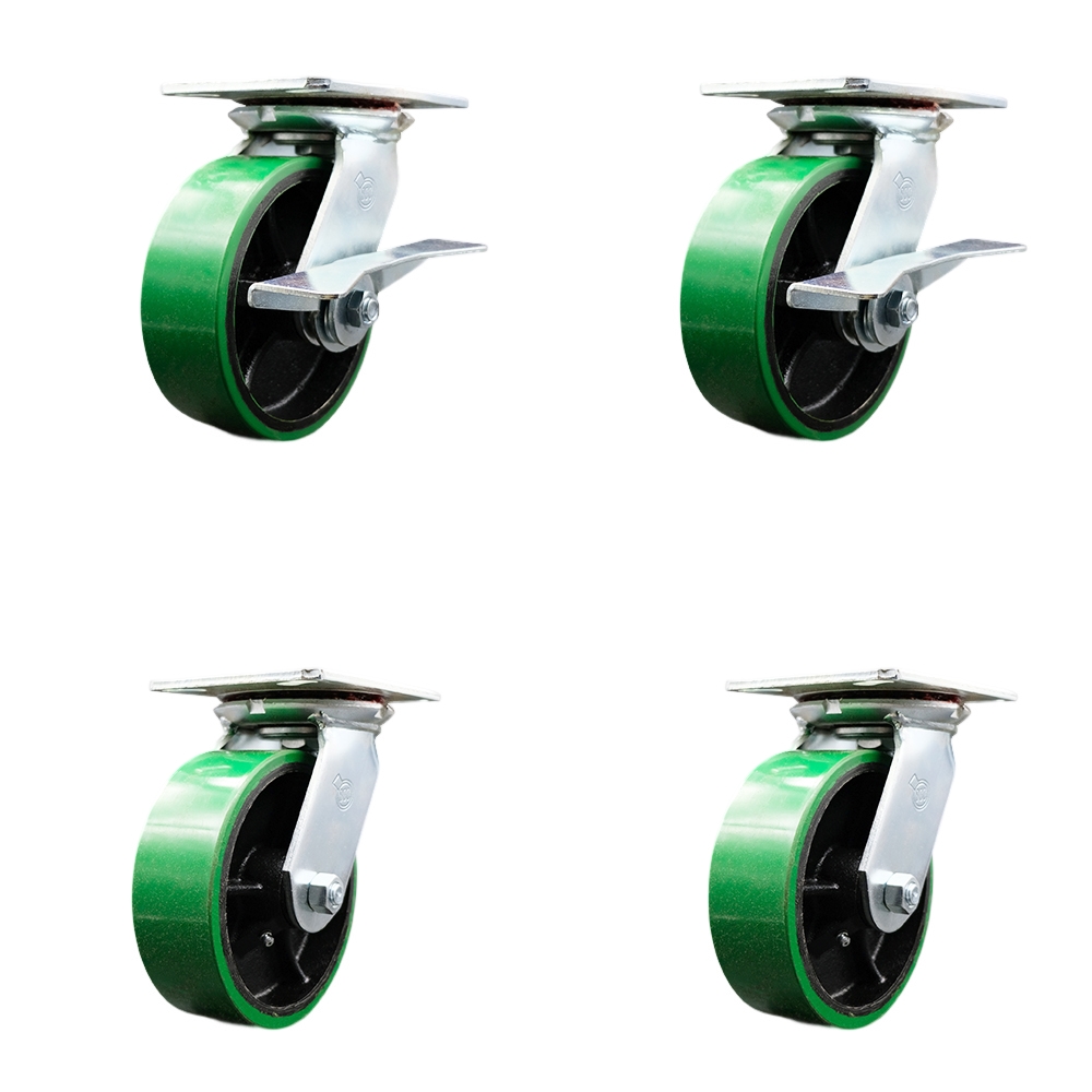 Heavy Duty Large Top Plate Poly on Cast Iron Swivel Caster w/Main. Free Bearings Set 4 w/6" x 2" Green Wheel-Includes 2 Swvl w/BRKs and Bolt on Swvl Lck&2 Swvl w/Bolt on Swvl Lck- Service Caster Brand — photo 1